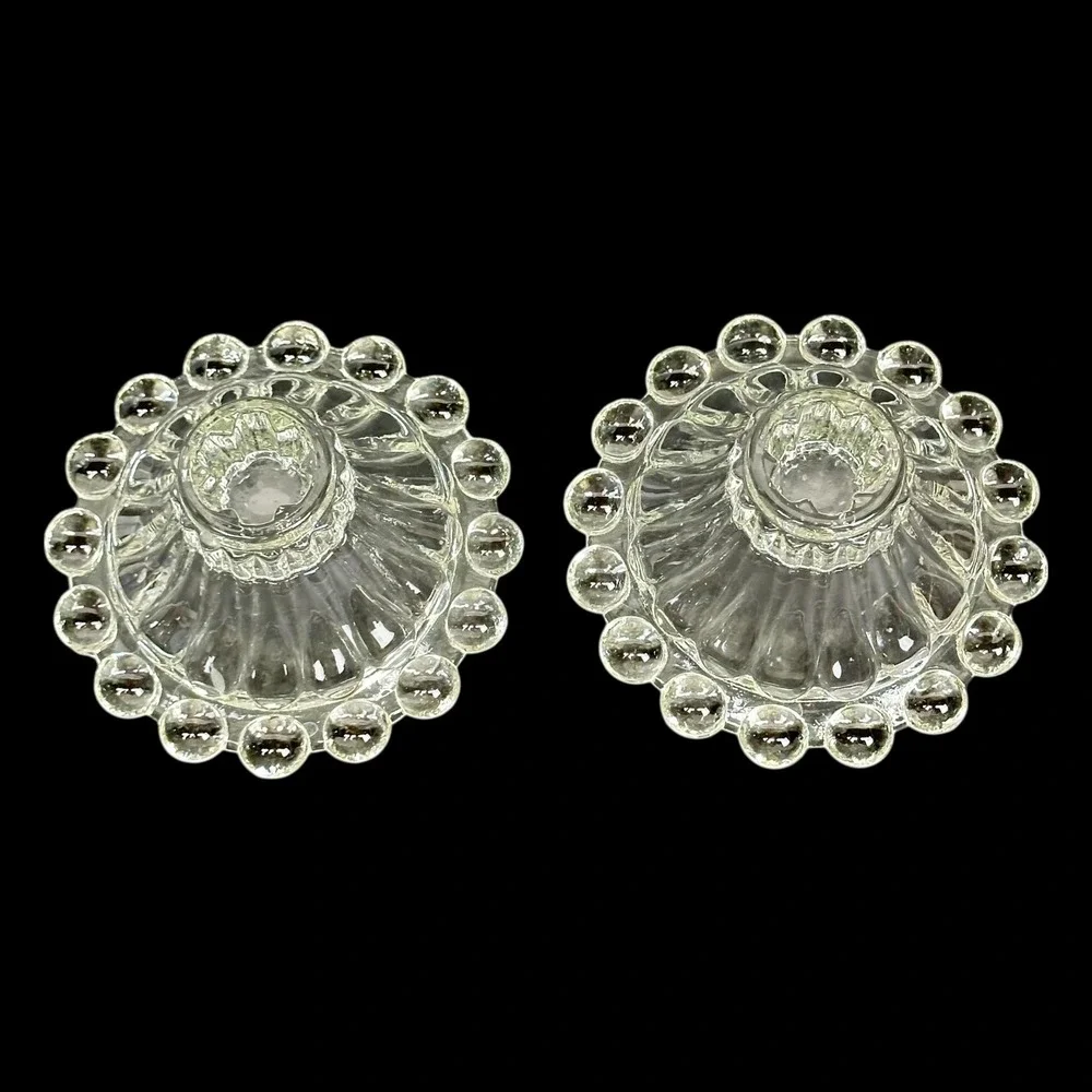 Anchor Hocking Berwick Boopie Clear Glass Beaded‎ Edge 2 Taper Candle Holders